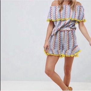 Glamorous Shorts With Pom Pom Trim-Zig Zag Stripe